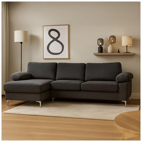 Galway Divano Angolare 4-5 Posti Chaise Longue Sinistra Velluto A Coste Grigio Antracite - Foto 2