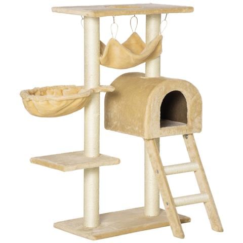 Tiragraffi Per Gatti Multilivello Con Amaca E Casetta, Corde In Sisal Naturale, 55×30×100cm - Foto 1