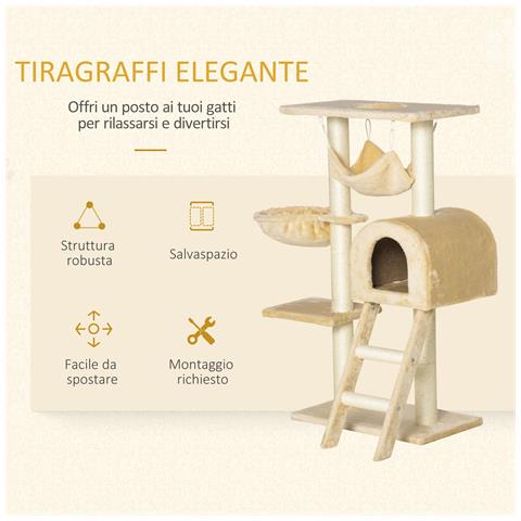 Tiragraffi Per Gatti Multilivello Con Amaca E Casetta, Corde In Sisal Naturale, 55×30×100cm - Foto 6