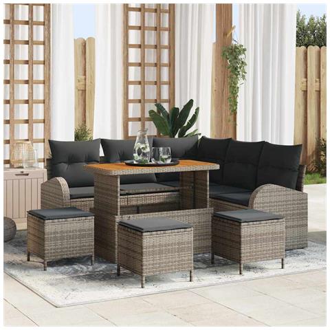 Set Divani Giardino 9 Pezzi con Cuscini Rattan Grigio Intrecciato Acacia,  Divano Giardino 2 Posti con Cuscini Rattan Grigio Intrecciato,  Set Pranzo Giardino 4 Pezzi con Cuscini Rattan Grigio Intrecciato Acacia - Foto 2