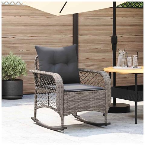 Sedia a Dondolo da Giardino con Cuscini in Polyrattan Grigio - Foto 2