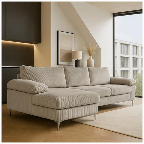 Galway Divano Angolare 4-5 Posti Chaise Longue Sinistra Velluto A Coste Beige - Foto 2