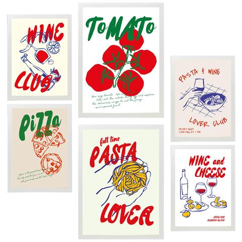 Set Di 6 Stampe Illustrazioni Decorative Di Cibo In Stile Pop Art Con Pomodori, Pasta E Pizza Incorniciate Con A3 & A4 Cornice Bianca - Foto 1