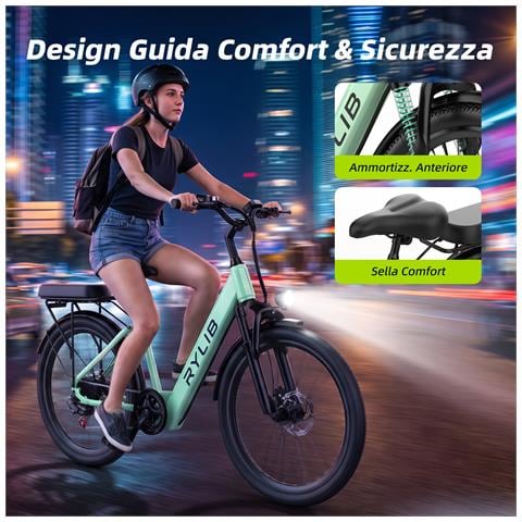 SU7 Bicicletta Elettrica da Città 24" per Adulti 250W Batteria 36V 13Ah Autonomia 30-60 km 25 km /h Shimano 7 Velocità Display LCD Sblocco NFC Verde - Foto 2