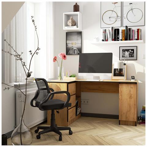 Scrivania ad angolo B20 sinistro, 1 anta e 3 cassetti, 155x85x77 cm, Colore Quercia Craft - Foto 4