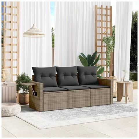 Set Divani Da Giardino 3 Pz Con Cuscini Grigio In Polyrattan - Foto 1