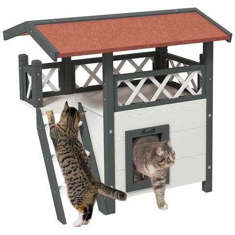 Casetta Per Gatti Da Esterno Con Terrazza E Scaletta In Legno, 77x50x73cm, Bianco E Grigio - Foto 1