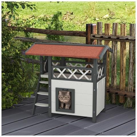 Casetta Per Gatti Da Esterno Con Terrazza E Scaletta In Legno, 77x50x73cm, Bianco E Grigio - Foto 2