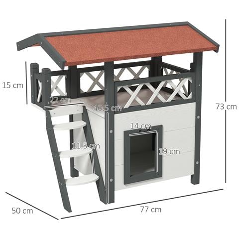 Casetta Per Gatti Da Esterno Con Terrazza E Scaletta In Legno, 77x50x73cm, Bianco E Grigio - Foto 6