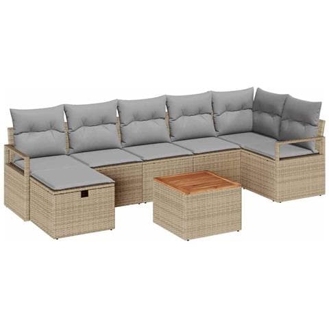 Set da Giardino  a 8 Pezzi con Cuscini in Rattan Polimerico Beige, Divano da Giardino a 2 Posti con Cuscini in Rattan Polimerico Beige - Foto 1