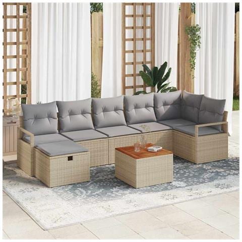Set da Giardino  a 8 Pezzi con Cuscini in Rattan Polimerico Beige, Divano da Giardino a 2 Posti con Cuscini in Rattan Polimerico Beige - Foto 2