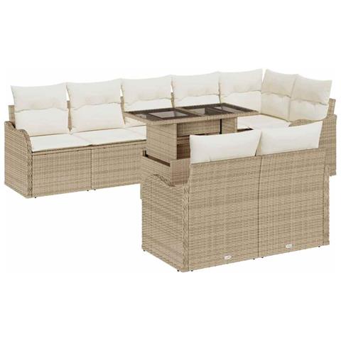 Set Divano da Giardino 9 Pezzi con Cuscini Beige Rattan Polimerico, Divano da Giardino 2 Posti con Cuscini Beige Rattan Polimerico - Foto 1