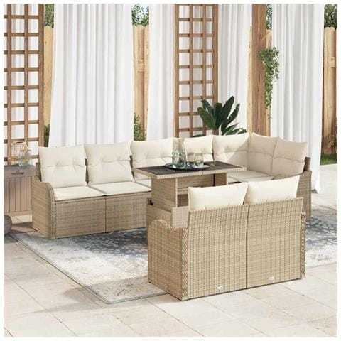 Set Divano da Giardino 9 Pezzi con Cuscini Beige Rattan Polimerico, Divano da Giardino 2 Posti con Cuscini Beige Rattan Polimerico - Foto 2