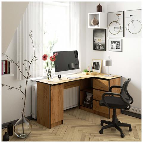 Scrivania ad angolo B20 destro, 1 anta e 3 cassetti, 155x85x77 cm, Colore Quercia Craft - Foto 4