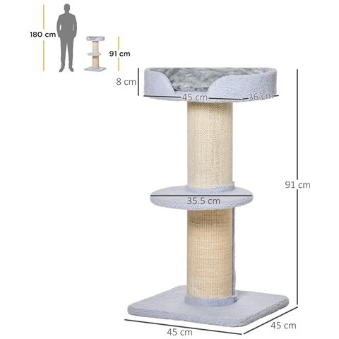 Tiragraffi Per Gatti Con Lettino, Rivestimento Peluche E Palo In Sisal, 45x45x91cm, Azzurro - Foto 2