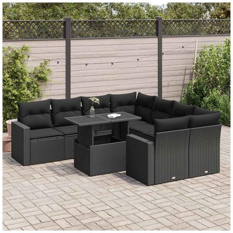 Set Divani Da Giardino 9 Pz Con Cuscini Nero In Polyrattan - Foto 1