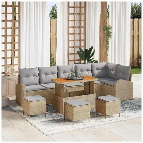 Set da giardino  composto da 10 pezzi con cuscini Beige in Polyrattan e Acacia, Divano da giardino  a 2 posti con cuscini Beige in Polyrattan, Set da pranzo da giardino  composto da 4 pezzi con cuscini Beige in Polyrattan e Acacia - Foto 2