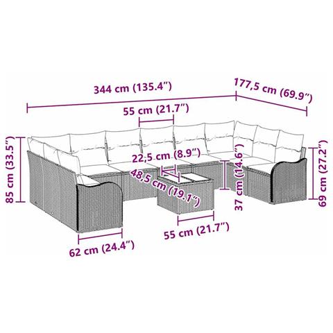 Set di Divani da Giardino  10 Pezzi con Cuscini Rattan Polyrattan Nero, Divano da Giardino  2 Posti con Cuscini Rattan Polyrattan Grigio - Foto 9
