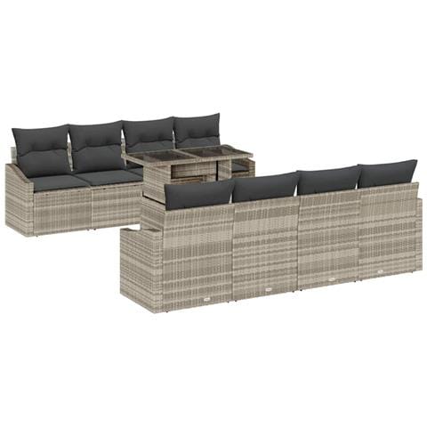 Set Divano da Giardino da 9 Pezzi con Cuscini Grigio Chiaro in Polyrattan - Foto 1