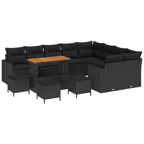 Set Divano Giardino in 13 Pezzi con Cuscini in Rattan Polyrattan Nero e Acacia, Set Pranzo Giardino in 4 Pezzi con Cuscini in Rattan Polyrattan Nero e Acacia - Foto 1