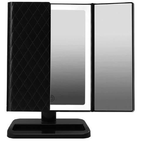 Specchio Per Trucco Led Tri-fold Con Motivo In Pelle, Alimentazione Usb /batteria Black - Foto 1