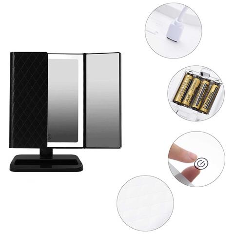 Specchio Per Trucco Led Tri-fold Con Motivo In Pelle, Alimentazione Usb /batteria Black - Foto 2