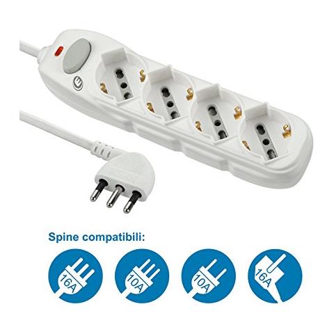 62069 Multipresa 4 posti polivalenti (schuko + 10/16A) con interruttore - cavo 1,5 m bianco - Foto 2