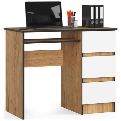 Scrivania per computer A6 destro, 3 cassetti, 90x50x77 cm, Colore Quarcia Craft e Bianco - Foto 1