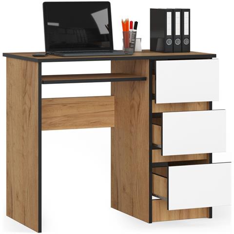 Scrivania per computer A6 destro, 3 cassetti, 90x50x77 cm, Colore Quarcia Craft e Bianco - Foto 2
