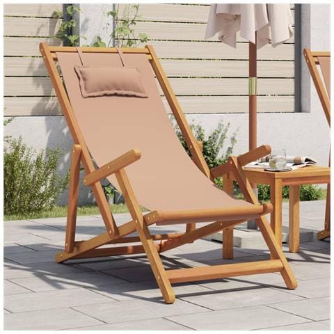 Sedia Da Spiaggia Pieghevole Beige Legno Di Eucalipto E Tessuto - Foto 1