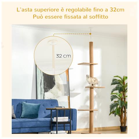 Albero Tiragraffi Per Gatti A 4 Livelli, Fissaggio A Soffitto Regolabile, 43x27x228-260cm - Foto 6