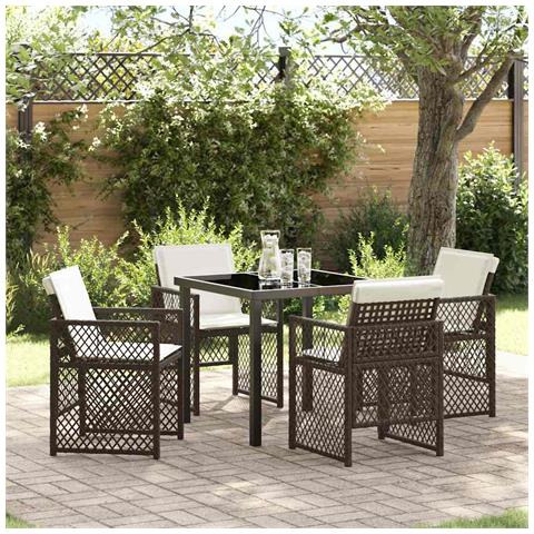 Set da Pranzo per Giardino vitaXL con Cuscini Marrone Rattan in Polimero, Tavolo da Giardino vitaXL Nero 80x80x73 cm Vetro Temperato - Foto 2