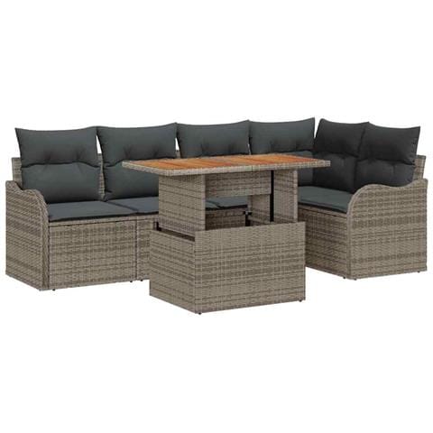 Set da Giardino con 6 Pezzi e Cuscini Grigio in Rattan PE, Divano da Giardino a 2 posti con Ripostiglio e Cuscini Grigio in Rattan PE - Foto 1