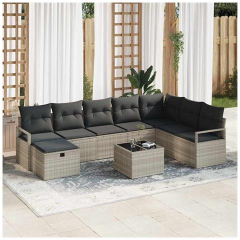 Set Divano da Giardino da 9 Pezzi con Cuscini Grigio Chiaro Polyrattan,  Divano da Giardino per 2 Persone con Storage e Cuscini Grigio Polyrattan - Foto 2