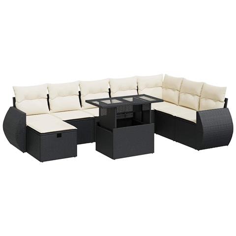 Set Divani da Giardino 9 pz con Cuscini Nero in Polyrattan - Foto 1
