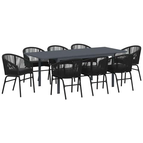 Set da pranzo per il giardino 10 pezzi con cuscini in rattan nero polipropilene, Tavolo da giardino allungabile antracite (140-210)x90x73 cm in acciaio - Foto 1