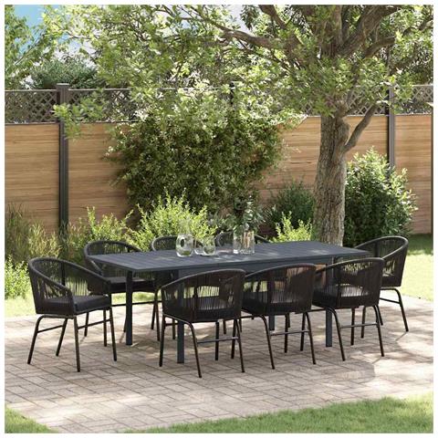 Set da pranzo per il giardino 10 pezzi con cuscini in rattan nero polipropilene, Tavolo da giardino allungabile antracite (140-210)x90x73 cm in acciaio - Foto 2