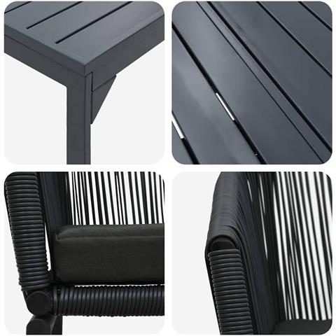 Set da pranzo per il giardino 10 pezzi con cuscini in rattan nero polipropilene, Tavolo da giardino allungabile antracite (140-210)x90x73 cm in acciaio - Foto 9