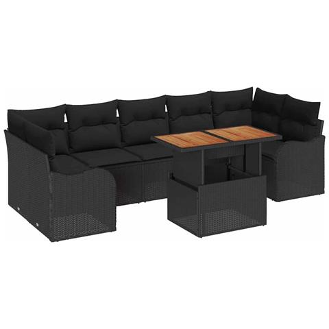 Set da Giardino con Cuscini da 8 Pezzi Nero Rattan Polietilene Acacia, Set da Giardino 2 Posti con Cuscini Nero Rattan Polietilene - Foto 1