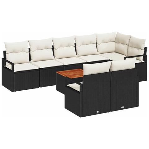 Set Divani Giardino 9 Pezzi con Cuscini Rattan Polipropilene Nero Acacia, Divano Giardino 2 Posti con Ripostiglio e Cuscini Rattan Polipropilene Nero - Foto 1
