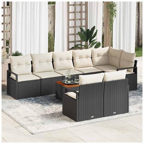 Set Divani Giardino 9 Pezzi con Cuscini Rattan Polipropilene Nero Acacia, Divano Giardino 2 Posti con Ripostiglio e Cuscini Rattan Polipropilene Nero - Foto 2