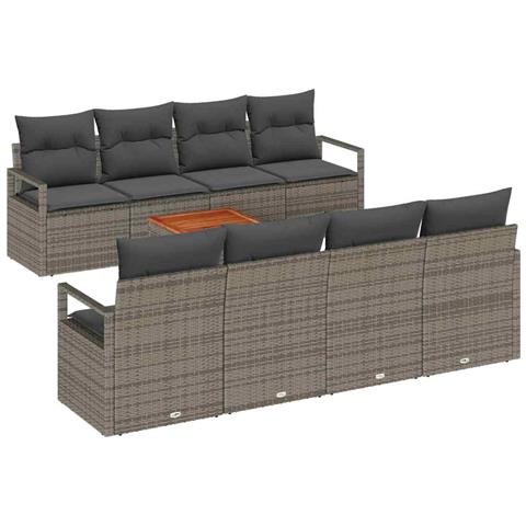 Set Divano da Giardino da 9 Pezzi con Cuscini Grigio in Polirattan e Acacia,  Divano da Giardino per 2 Persone con Cuscini Grigio in Polirattan - Foto 1