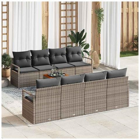 Set Divano da Giardino da 9 Pezzi con Cuscini Grigio in Polirattan e Acacia,  Divano da Giardino per 2 Persone con Cuscini Grigio in Polirattan - Foto 2