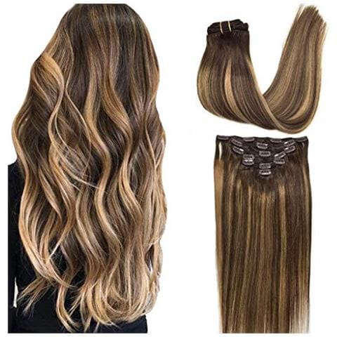 Clip In Extension Di Capelli Umani Remy Da Marrone Cioccolato A Biondo Caramello Balayage Extension Con Clip Extension Di Capelli Veri Lisci Capelli Naturali 7 Pezzi 120 G 18 Pollici - Foto 1