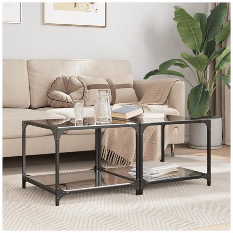 Tavolini Da Salotto Con Piano Vetro Nero 2pz 50x50x40cm Acciaio - Foto 1