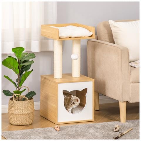 Casetta Per Gatti Con Pali Tiragraffi In Sisal, Cuscini Lavabili E Pallina, 35x35x81cm, Quercia - Foto 2