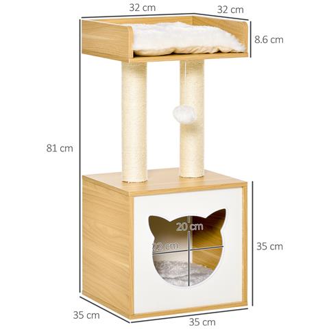Casetta Per Gatti Con Pali Tiragraffi In Sisal, Cuscini Lavabili E Pallina, 35x35x81cm, Quercia - Foto 6