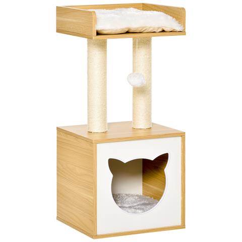 Casetta Per Gatti Con Pali Tiragraffi In Sisal, Cuscini Lavabili E Pallina, 35x35x81cm, Quercia - Foto 1