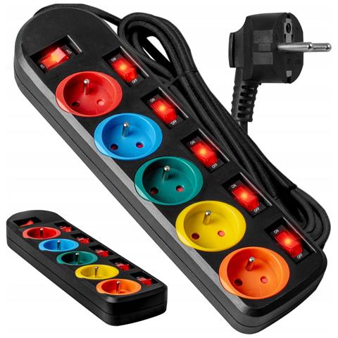 Cavo Di Prolunga 2m 5gn+0 10a Nero / Prese Colorate Va0259 - Foto 1