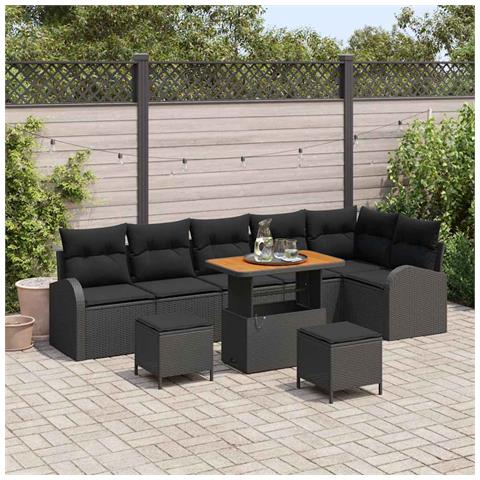 Set divani giardino 9 pezzi cuscini  Nero Polyrattan Acacia, Divano giardino 2 posti cuscini  Nero Polyrattan, Set pranzo giardino 3 pezzi cuscini  Nero Polyrattan Acacia - Foto 2